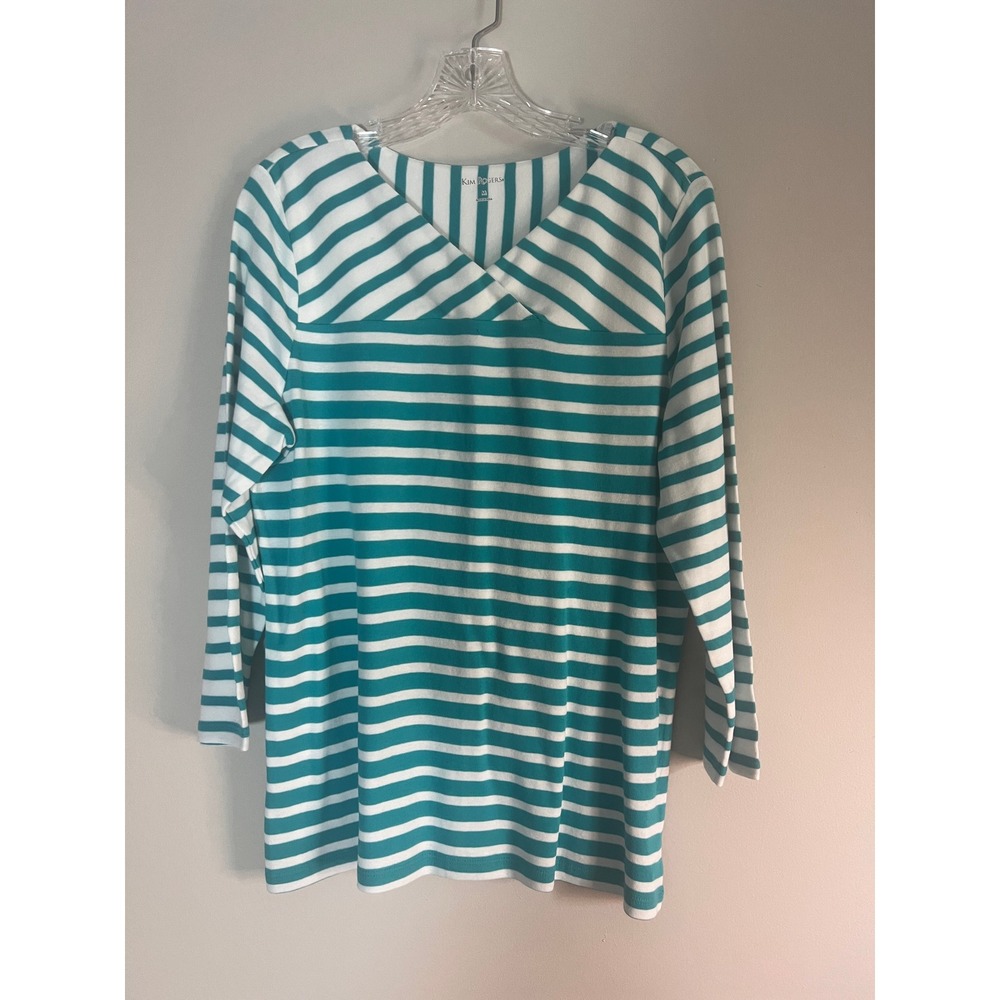 Kim Rogers Womens Teal White Striped V-Neck 3/4 Sleeve Knit Top Size M